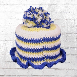 Mums Knit Hat for Toilet Paper Roll blue yellow white stripes 
