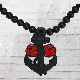 Wood Fellas Necklace Anchor Roses Wooden Chain black red 